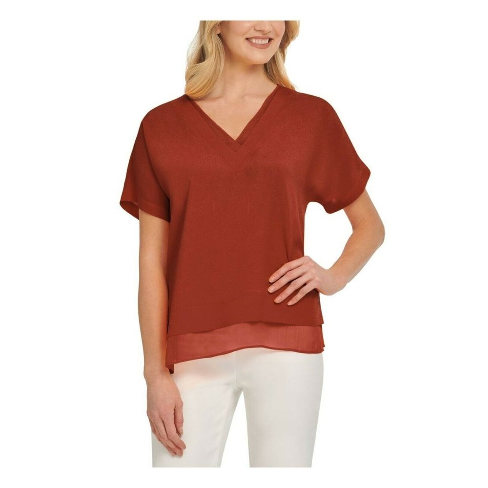 DKNY Women's Blouse Spice Brown Knit Satin Short Sleeve V-Neck Top Size XL $69